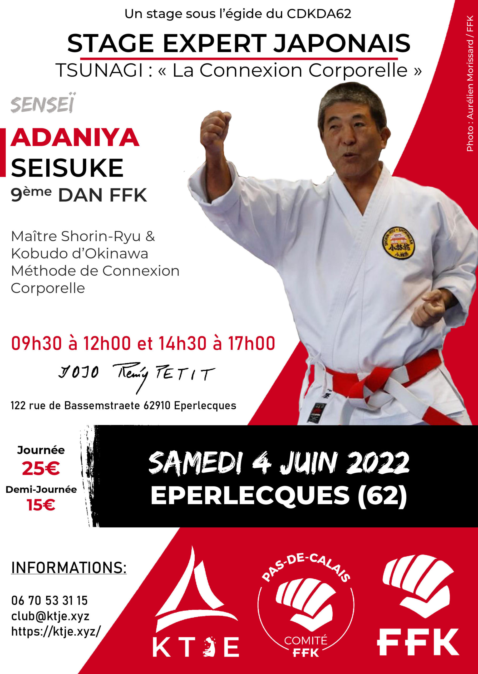 Affiche du stage expert japonais à Eperlecques avec Adaniya Seisuke sous l'egide du CDKDA62.